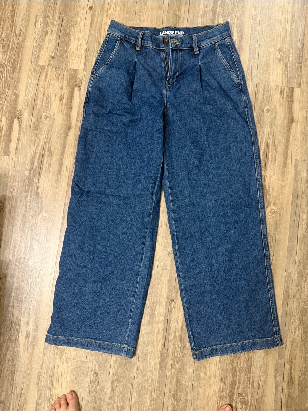 Lands' End Women's Pleated Wide-Leg Jeans - Blue Denim